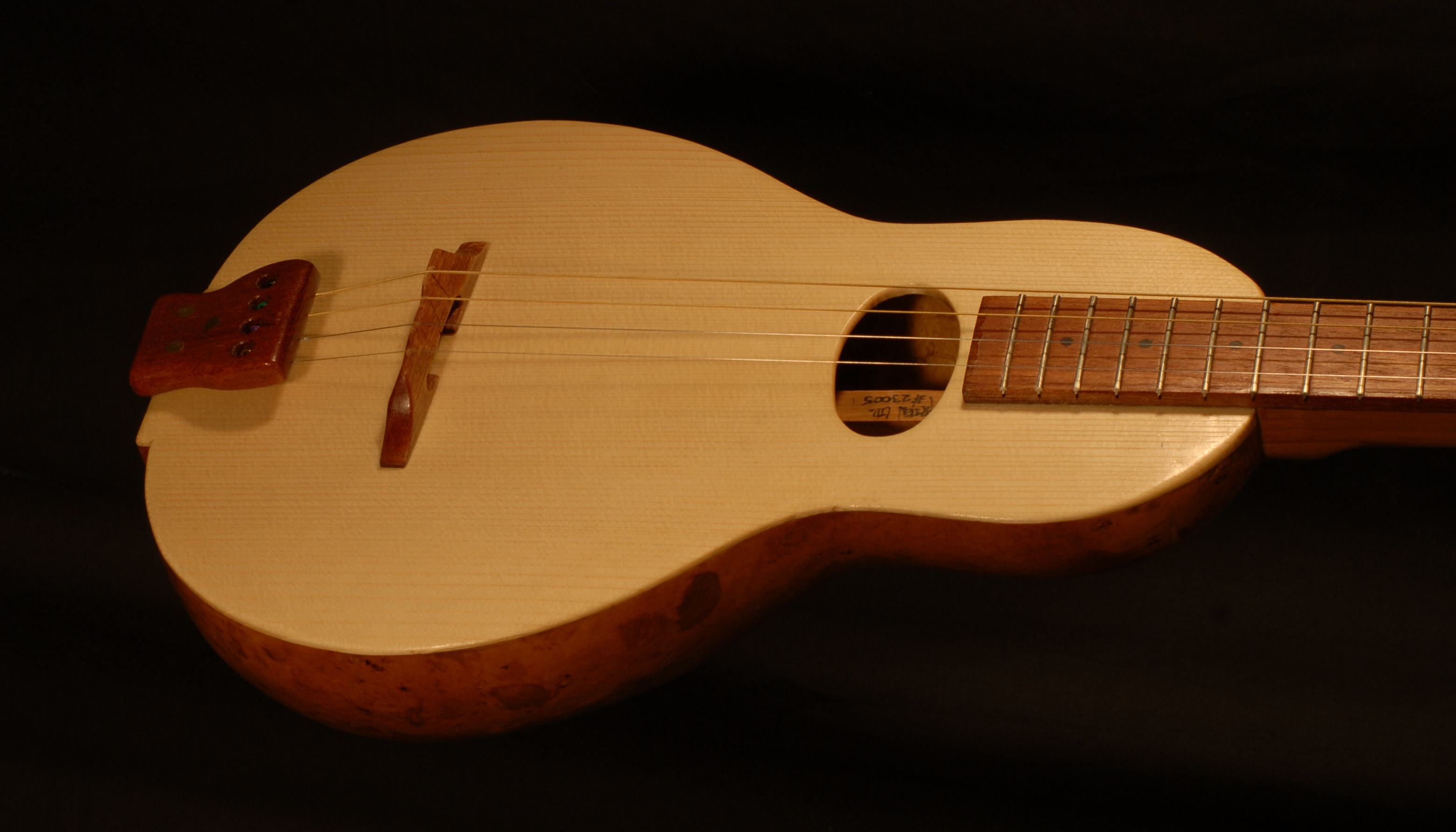 angled body detail view of michael mccarten's gourd body tenor guitar